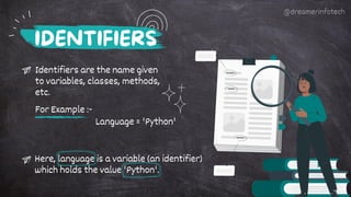 For Example :-
Here, language is a variable (an identifier)
which holds the value 'Python'.
IDENTIFIERS
Identifiers are the name given
to variables, classes, methods,
etc.
Language = 'Python'
Variables
Classes
Methods
@dreamerinfotech
 