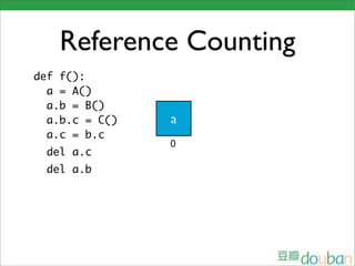 Reference Counting
def f():
  a = A()
  a.b = B()
  a.b.c = C()   a
  a.c = b.c
                0
  del a.c
  del a.b
 