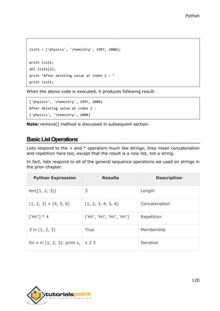 Python
120
list1 = ['physics', 'chemistry', 1997, 2000];
print list1;
del list1[2];
print "After deleting value at index 2 : "
print list1;
When the above code is executed, it produces following result:
['physics', 'chemistry', 1997, 2000]
After deleting value at index 2 :
['physics', 'chemistry', 2000]
Note: remove() method is discussed in subsequent section.
BasicListOperations
Lists respond to the + and * operators much like strings; they mean concatenation
and repetition here too, except that the result is a new list, not a string.
In fact, lists respond to all of the general sequence operations we used on strings in
the prior chapter.
Python Expression Results Description
len([1, 2, 3]) 3 Length
[1, 2, 3] + [4, 5, 6] [1, 2, 3, 4, 5, 6] Concatenation
['Hi!'] * 4 ['Hi!', 'Hi!', 'Hi!', 'Hi!'] Repetition
3 in [1, 2, 3] True Membership
for x in [1, 2, 3]: print x, 1 2 3 Iteration
 