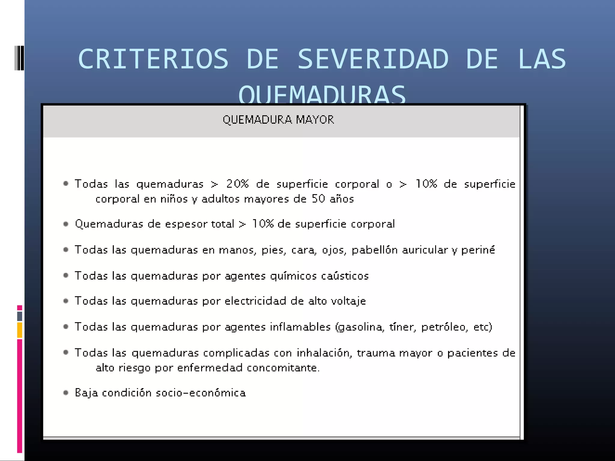 CRITERIOS DE SEVERIDAD DE LAS
QUEMADURAS
 