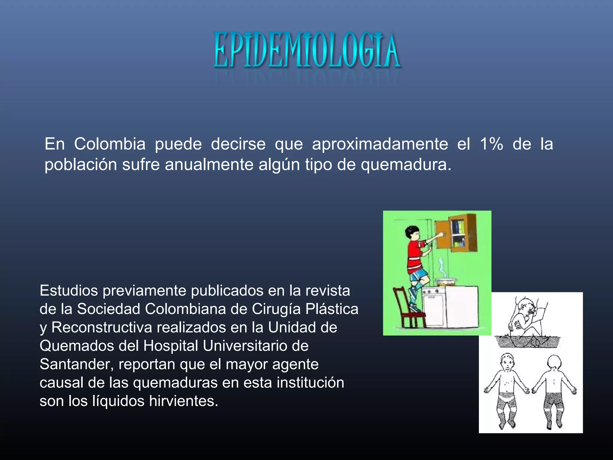 En Colombia puede decirse que aproximadamente el 1% de la
población sufre anualmente algún tipo de quemadura.
Estudios previamente publicados en la revista
de la Sociedad Colombiana de Cirugía Plástica
y Reconstructiva realizados en la Unidad de
Quemados del Hospital Universitario de
Santander, reportan que el mayor agente
causal de las quemaduras en esta institución
son los líquidos hirvientes.
 