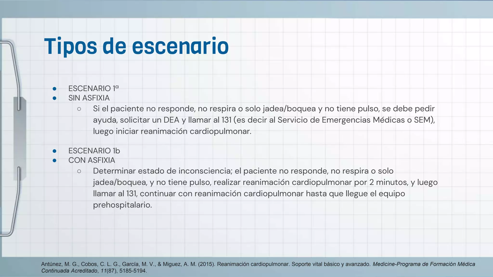 Tipos de escenario
● ESCENARIO 1ª
● SIN ASFIXIA
○ Si el paciente no responde, no respira o solo jadea/boquea y no tiene pulso, se debe pedir
ayuda, solicitar un DEA y llamar al 131 (es decir al Servicio de Emergencias Médicas o SEM),
luego iniciar reanimación cardiopulmonar.
● ESCENARIO 1b
● CON ASFIXIA
○ Determinar estado de inconsciencia; el paciente no responde, no respira o solo
jadea/boquea, y no tiene pulso, realizar reanimación cardiopulmonar por 2 minutos, y luego
llamar al 131, continuar con reanimación cardiopulmonar hasta que llegue el equipo
prehospitalario.
Antúnez, M. G., Cobos, C. L. G., García, M. V., & Miguez, A. M. (2015). Reanimación cardiopulmonar. Soporte vital básico y avanzado. Medicine-Programa de Formación Médica
Continuada Acreditado, 11(87), 5185-5194.
 