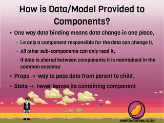 How is Data/Model Provided to
Components?
● One way data binding means data change in one place,
– i.e only a component responsible for the data can change it,
– All other sub-components can only read it,
– If data is shared between components it is maintained in the
common ancestor
● Props way to pass data from parent to child,→
● State never leaves its containing component→
 
