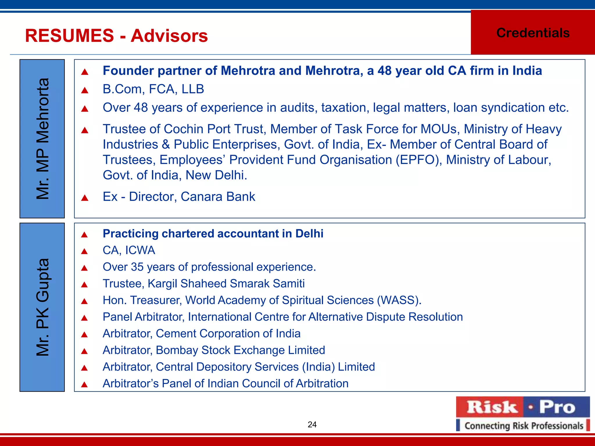 RESUMES - Advisors                                                                                 Credentials

                      Founder partner of Mehrotra and Mehrotra, a 48 year old CA firm in India
 Mr. MP Mehrorta

                      B.Com, FCA, LLB
                      Over 48 years of experience in audits, taxation, legal matters, loan syndication etc.
                      Trustee of Cochin Port Trust, Member of Task Force for MOUs, Ministry of Heavy
                       Industries & Public Enterprises, Govt. of India, Ex- Member of Central Board of
                       Trustees, Employees’ Provident Fund Organisation (EPFO), Ministry of Labour,
                       Govt. of India, New Delhi.
                      Ex - Director, Canara Bank

                      Practicing chartered accountant in Delhi
                      CA, ICWA
 Mr. PK Gupta




                      Over 35 years of professional experience.
                      Trustee, Kargil Shaheed Smarak Samiti
                      Hon. Treasurer, World Academy of Spiritual Sciences (WASS).
                      Panel Arbitrator, International Centre for Alternative Dispute Resolution
                      Arbitrator, Cement Corporation of India
                      Arbitrator, Bombay Stock Exchange Limited
                      Arbitrator, Central Depository Services (India) Limited
                      Arbitrator’s Panel of Indian Council of Arbitration


                                                                24
 