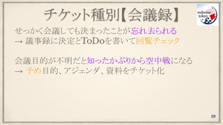 チケット種別【会議録】
19
せっかく会議しても決まったことが忘れ去られる
→ 議事録に決定とToDoを書いて回覧チェック
会議目的が不明だと知ったかぶりから空中戦になる
→ 予め目的、アジェンダ、資料をチケット化
 