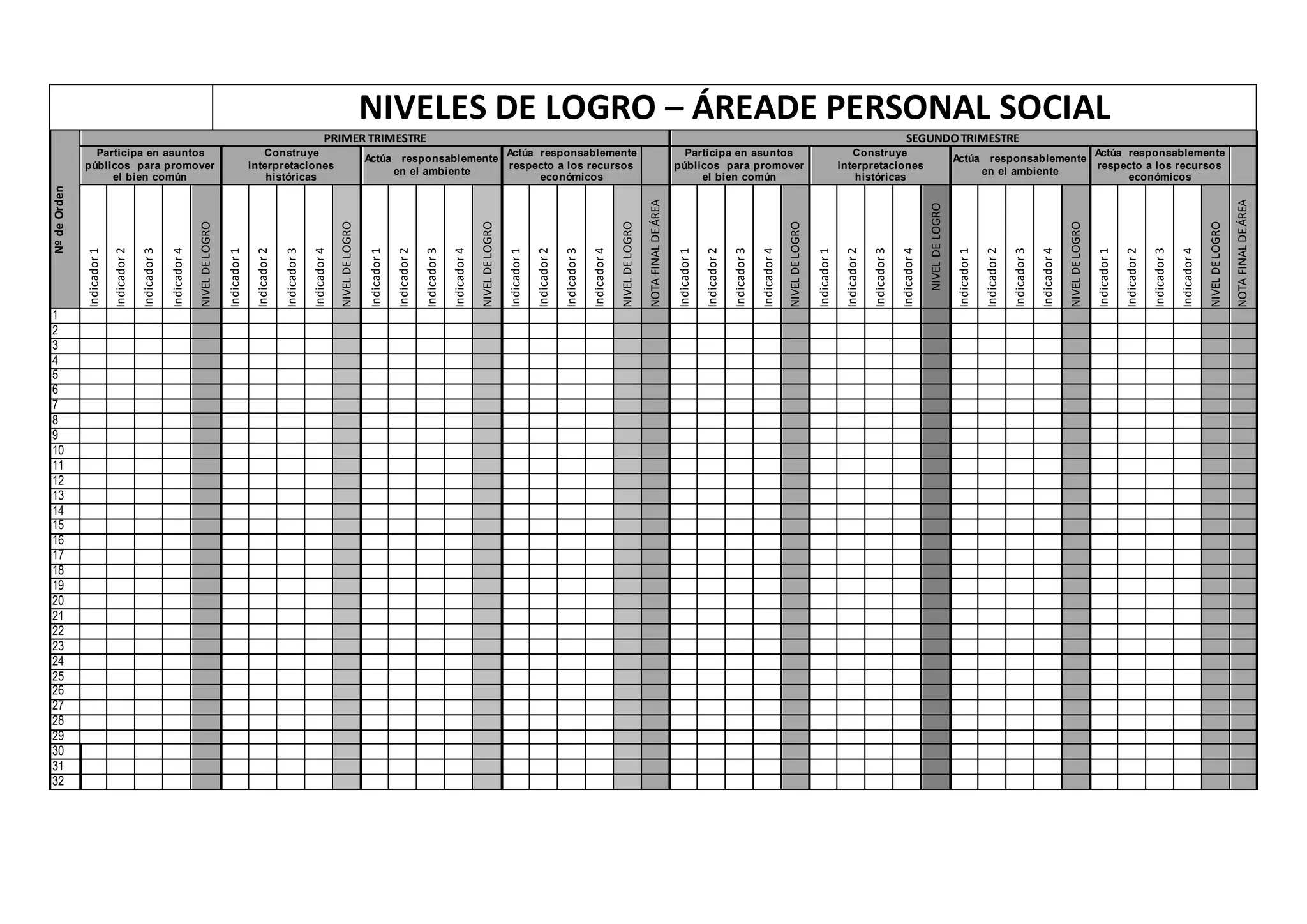 NIVELES DE LOGRO – ÁREADE PERSONAL SOCIAL
NºdeOrden
PRIMER TRIMESTRE SEGUNDOTRIMESTRE
Participa en asuntos
públicos para promover
el bien común
Construye
interpretaciones
históricas
Actúa responsablemente
en el ambiente
Actúa responsablemente
respecto a los recursos
económicos
Participa en asuntos
públicos para promover
el bien común
Construye
interpretaciones
históricas
Actúa responsablemente
en el ambiente
Actúa responsablemente
respecto a los recursos
económicos
Indicador1
Indicador2
Indicador3
Indicador4
NIVELDELOGRO
Indicador1
Indicador2
Indicador3
Indicador4
NIVELDELOGRO
Indicador1
Indicador2
Indicador3
Indicador4
NIVELDELOGRO
Indicador1
Indicador2
Indicador3
Indicador4
NIVELDELOGRO
NOTAFINALDEÁREA
Indicador1
Indicador2
Indicador3
Indicador4
NIVELDELOGRO
Indicador1
Indicador2
Indicador3
Indicador4
NIVELDELOGRO
Indicador1
Indicador2
Indicador3
Indicador4
NIVELDELOGRO
Indicador1
Indicador2
Indicador3
Indicador4
NIVELDELOGRO
NOTAFINALDEÁREA
1
2
3
4
5
6
7
8
9
10
11
12
13
14
15
16
17
18
19
20
21
22
23
24
25
26
27
28
29
30
31
32
 