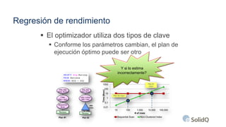 Regresión de rendimiento
 El optimizador utiliza dos tipos de clave
 Conforme los parámetros cambian, el plan de
ejecución óptimo puede ser otro
Y si lo estima
incorrectamente?
 