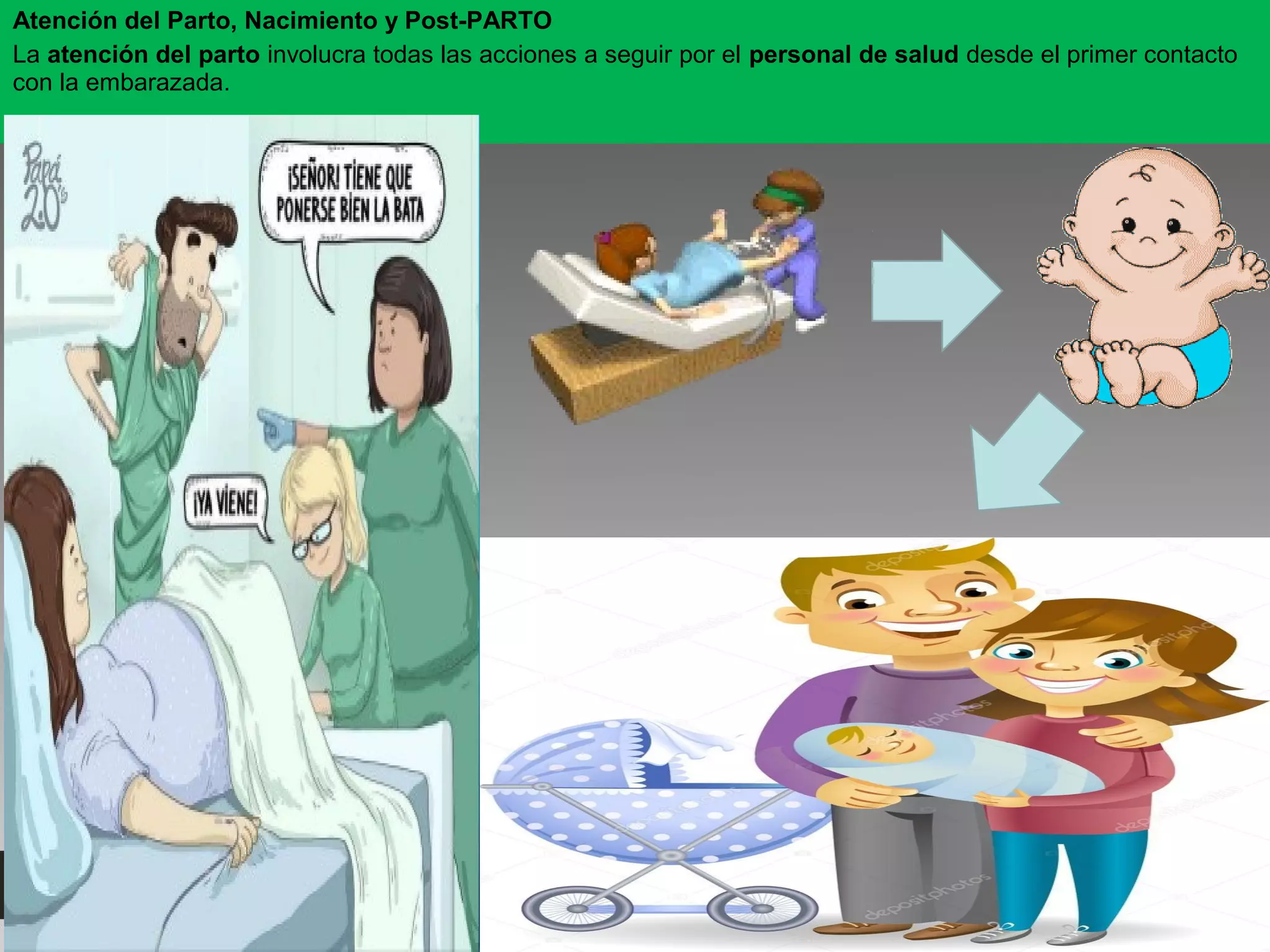 Atención del Parto, Nacimiento y Post-PARTO
La atención del parto involucra todas las acciones a seguir por el personal de salud desde el primer contacto
con la embarazada.
 