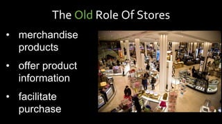 The Old Role Of Stores
• merchandise
products
• offer product
information
• facilitate
purchase
 