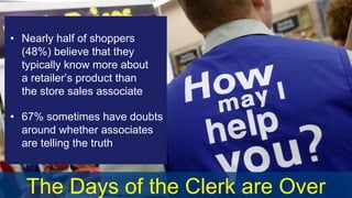 The Days of the Clerk are Over
• Nearly half of shoppers
(48%) believe that they
typically know more about
a retailer’s product than
the store sales associate
• 67% sometimes have doubts
around whether associates
are telling the truth
 