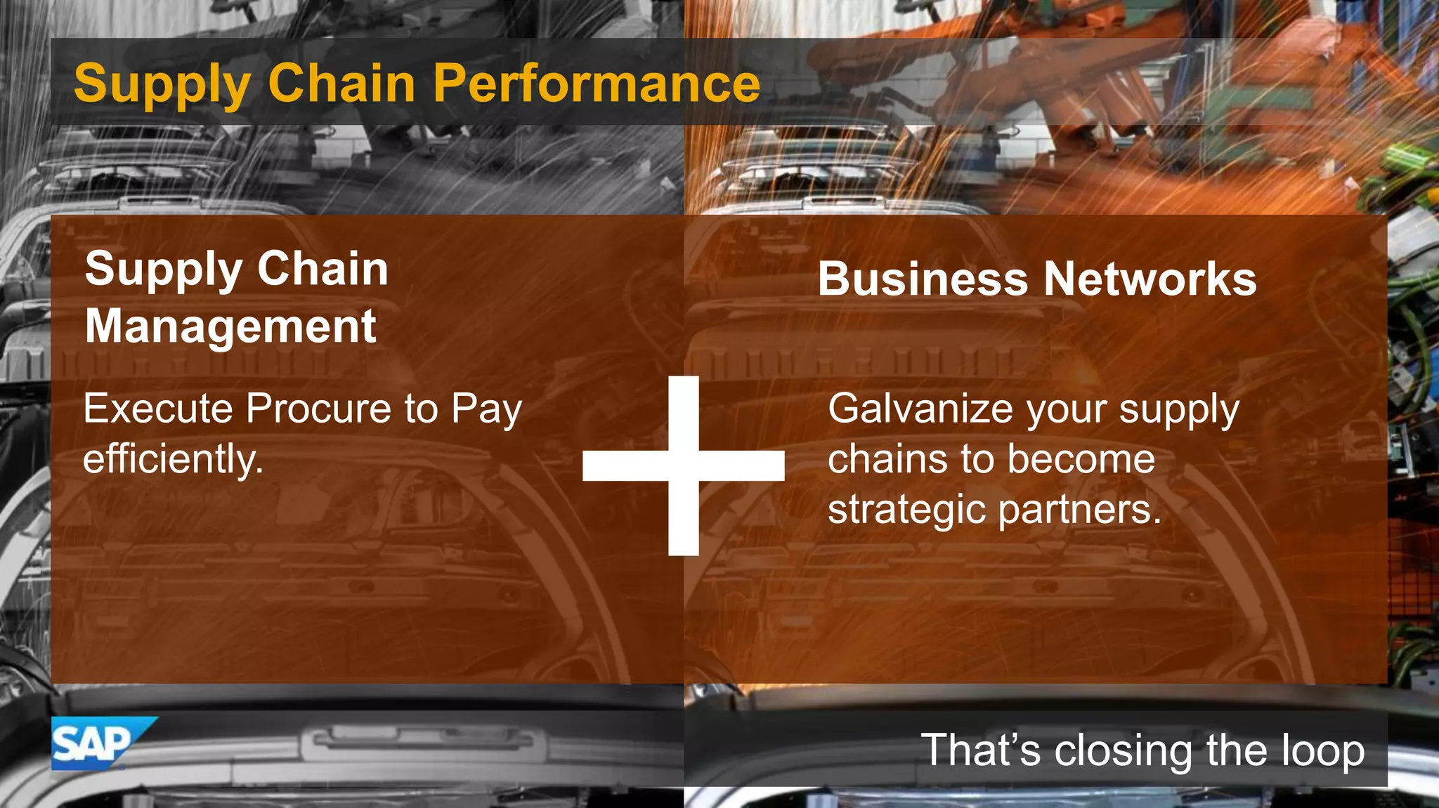 Supply Chain Performance
That’s closing the loop
Supply Chain
Management
Business Networks
Execute Procure to Pay
efficiently.
Galvanize your supply
chains to become
strategic partners.
 