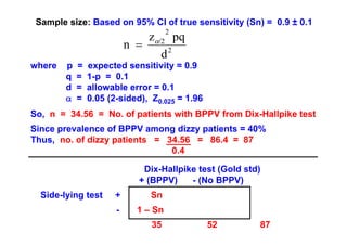 Sample size: Based on 95% CI of true sensitivity (Sn) = 0.9 ± 0.1
2

zα/2 pq
n =
2
d
where

p
q
d
α

=
=
=
=

expected sensitivity = 0.9
1-p = 0.1
allowable error = 0.1
0.05 (2-sided), Z0.025 = 1.96

So, n = 34.56 = No. of patients with BPPV from Dix-Hallpike test
Since prevalence of BPPV among dizzy patients = 40%
Thus, no. of dizzy patients = 34.56 = 86.4 = 87
0.4
Dix-Hallpike test (Gold std)
+ (BPPV)
- (No BPPV)
Side-lying test

+

Sn

-

1 – Sn
35

52

87

 