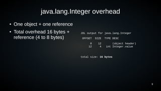 9
java.lang.Integer overhead
● One object + one reference
● Total overhead 16 bytes +
reference (4 to 8 bytes)
JOL output for java.lang.Integer
OFFSET SIZE TYPE DESC
0 12 (object header)
12 4 int Integer.value
total size: 16 bytes
 