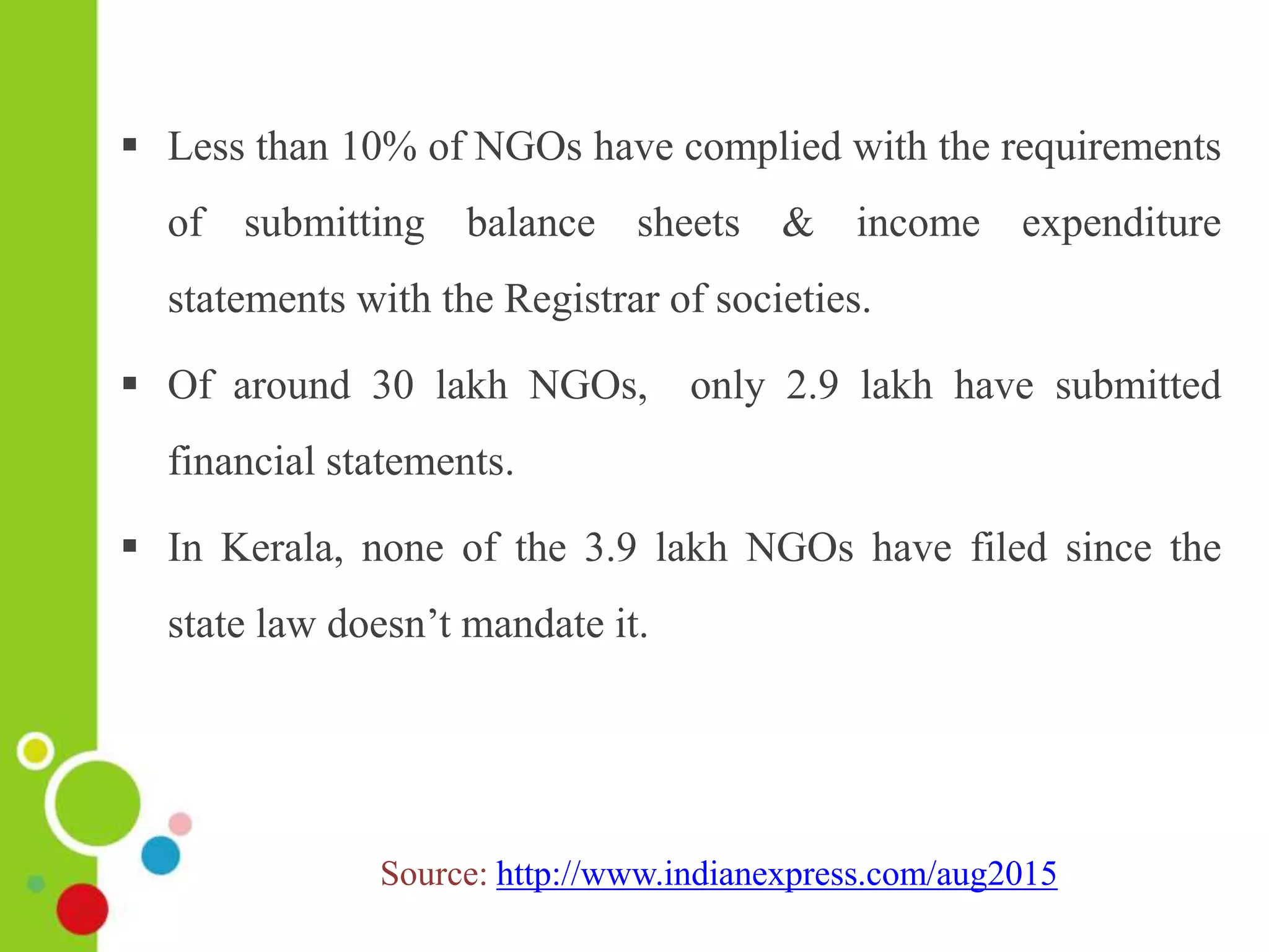  Less than 10% of NGOs have complied with the requirements
of submitting balance sheets & income expenditure
statements with the Registrar of societies.
 Of around 30 lakh NGOs, only 2.9 lakh have submitted
financial statements.
 In Kerala, none of the 3.9 lakh NGOs have filed since the
state law doesn’t mandate it.
Source: http://www.indianexpress.com/aug2015
 