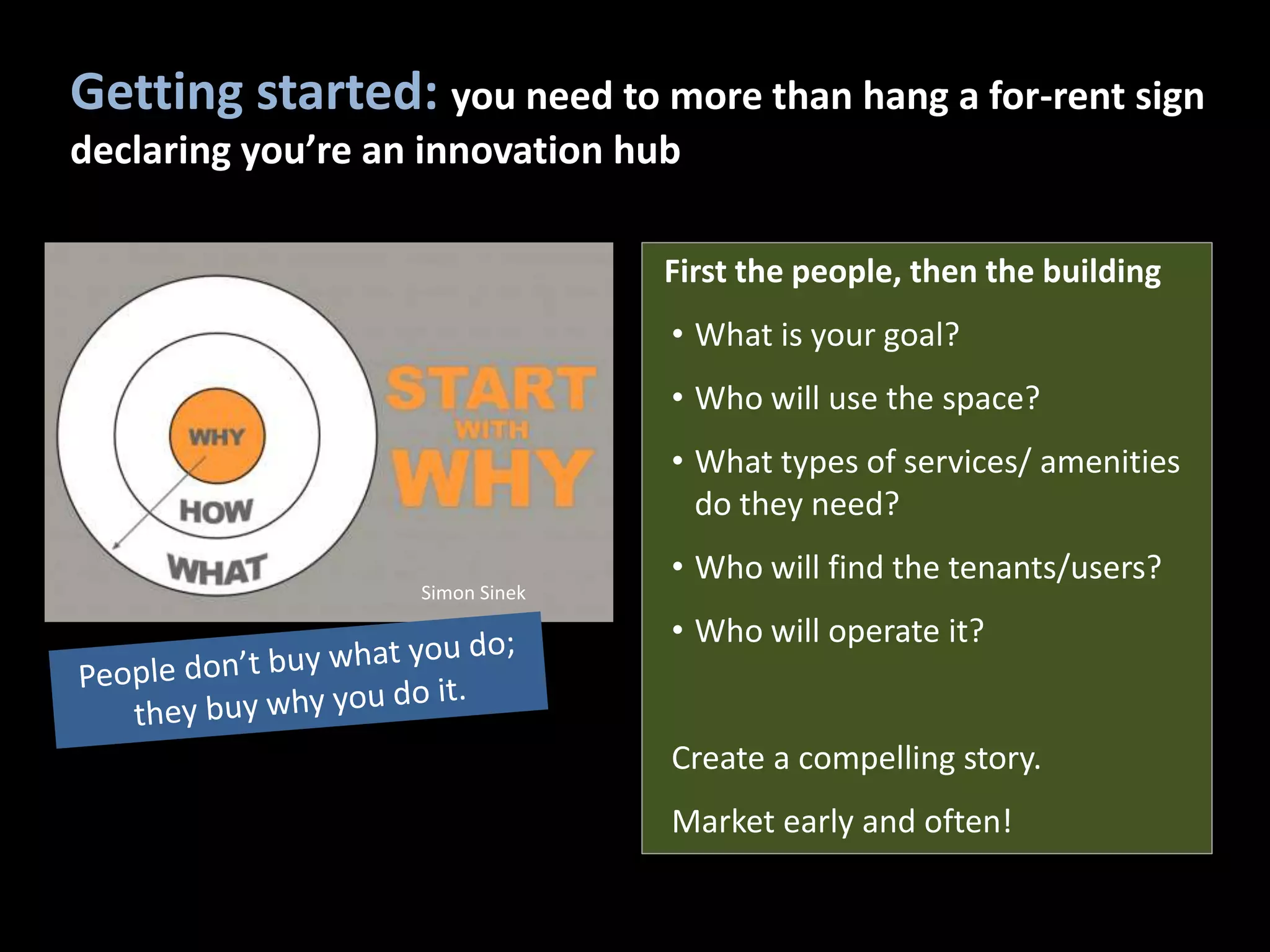 First the people, then the building
• What is your goal?
• Who will use the space?
• What types of services/ amenities
do they need?
• Who will find the tenants/users?
• Who will operate it?
Create a compelling story.
Market early and often!
Getting started: you need to more than hang a for-rent sign
declaring you’re an innovation hub
Simon Sinek
 