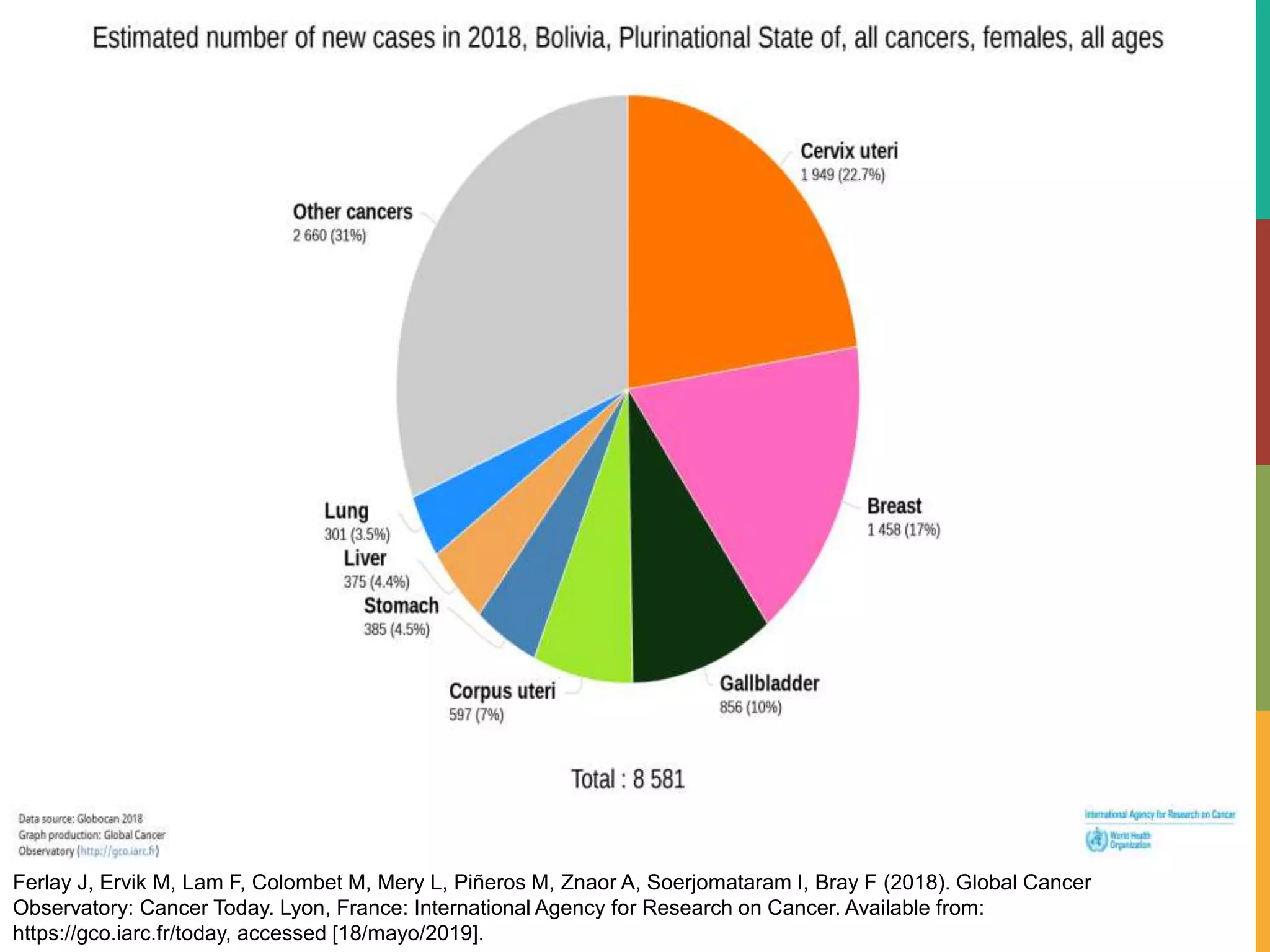 Ferlay J, Ervik M, Lam F, Colombet M, Mery L, Piñeros M, Znaor A, Soerjomataram I, Bray F (2018). Global Cancer
Observatory: Cancer Today. Lyon, France: International Agency for Research on Cancer. Available from:
https://gco.iarc.fr/today, accessed [18/mayo/2019].
 