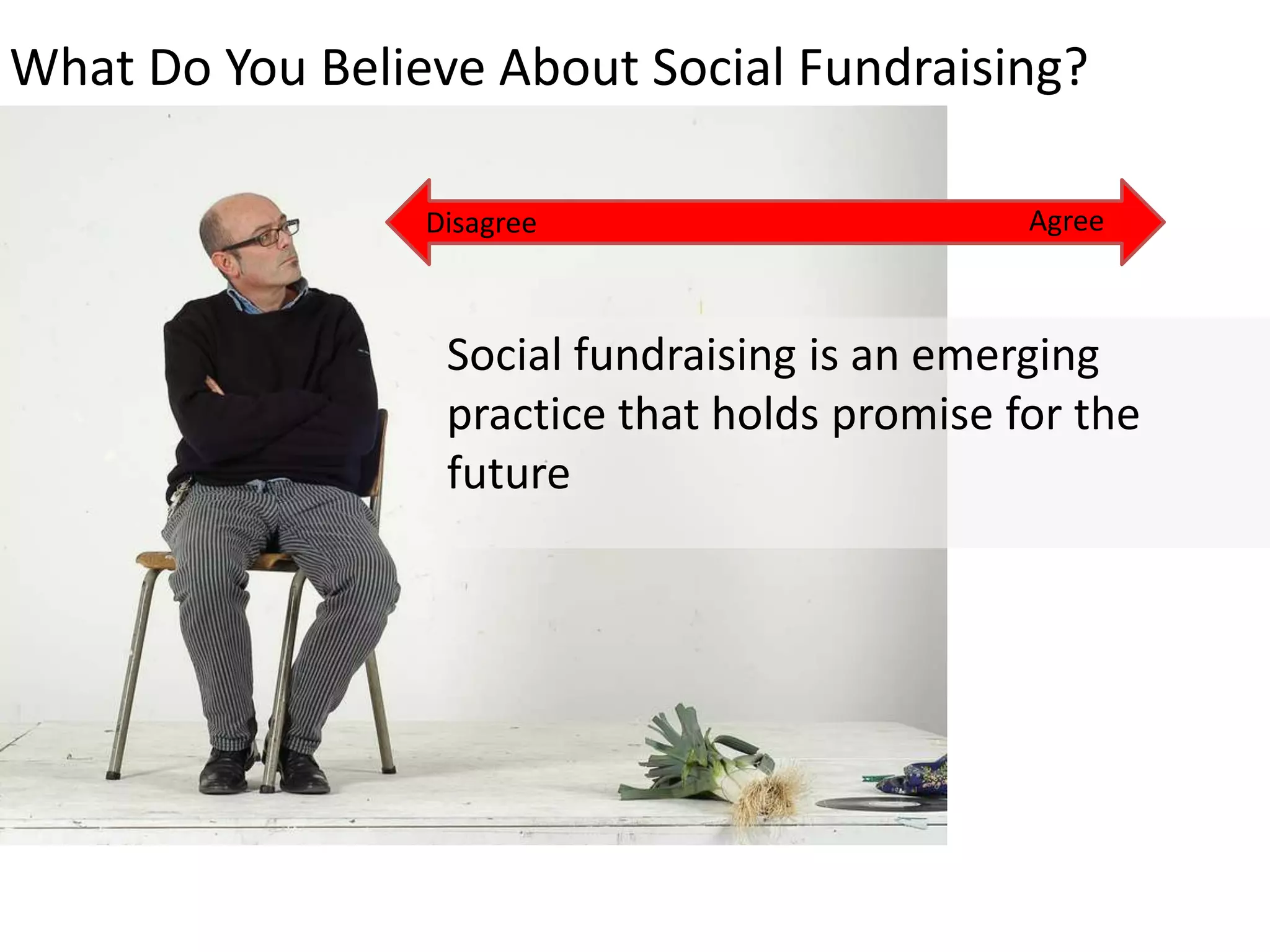 What Do You Believe About Social Fundraising?

                 Disagree                      Agree



                  Social fundraising is an emerging
                  practice that holds promise for the
                  future
 
