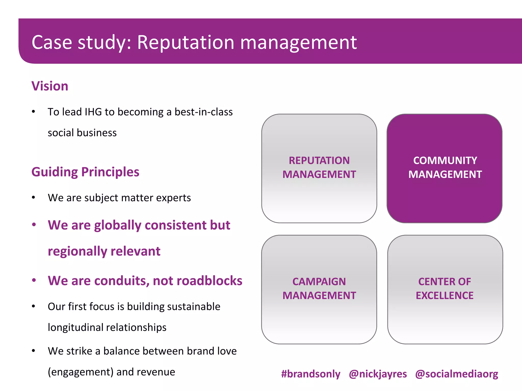 Vision
• To lead IHG to becoming a best-in-class
social business
Guiding Principles
• We are subject matter experts
• We are globally consistent but
regionally relevant
• We are conduits, not roadblocks
• Our first focus is building sustainable
longitudinal relationships
• We strike a balance between brand love
(engagement) and revenue
Case study: Reputation management
CAMPAIGN
MANAGEMENT
COMMUNITY
MANAGEMENT
CENTER OF
EXCELLENCE
REPUTATION
MANAGEMENT
#brandsonly @nickjayres @socialmediaorg
 