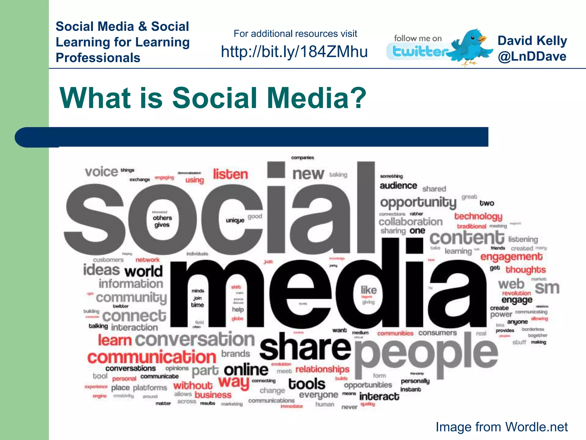 David Kelly
@LnDDavehttp://bit.ly/184ZMhu
For additional resources visit
Social Media & Social
Learning for Learning
Professionals
What is Social Media?
Image from Wordle.net
 