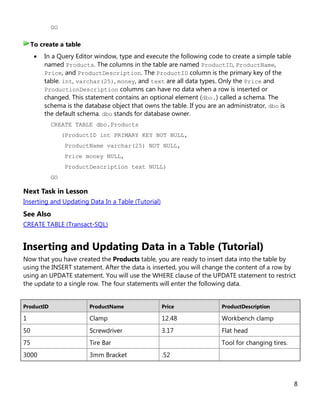 8
GO
• In a Query Editor window, type and execute the following code to create a simple table
named Products. The columns in the table are named ProductID, ProductName,
Price, and ProductDescription. The ProductID column is the primary key of the
table. int, varchar(25), money, and text are all data types. Only the Price and
ProductionDescription columns can have no data when a row is inserted or
changed. This statement contains an optional element (dbo.) called a schema. The
schema is the database object that owns the table. If you are an administrator, dbo is
the default schema. dbo stands for database owner.
CREATE TABLE dbo.Products
(ProductID int PRIMARY KEY NOT NULL,
ProductName varchar(25) NOT NULL,
Price money NULL,
ProductDescription text NULL)
GO
Next Task in Lesson
Inserting and Updating Data In a Table (Tutorial)
See Also
CREATE TABLE (Transact-SQL)
Inserting and Updating Data in a Table (Tutorial)
Now that you have created the Products table, you are ready to insert data into the table by
using the INSERT statement. After the data is inserted, you will change the content of a row by
using an UPDATE statement. You will use the WHERE clause of the UPDATE statement to restrict
the update to a single row. The four statements will enter the following data.
ProductID ProductName Price ProductDescription
1 Clamp 12.48 Workbench clamp
50 Screwdriver 3.17 Flat head
75 Tire Bar Tool for changing tires.
3000 3mm Bracket .52
To create a table
 