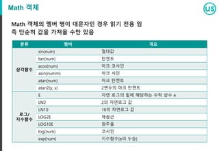 Math 객체
Math 객체의 멤버 명이 대문자인 경우 읽기 전용 임
즉 단순히 값을 가져올 수만 있음
분류 멤버 개요
삼각함수
sin(num) 절대값
tan(num) 탄젠트
acos(num) 아크 코사인
asin(numm) 아크 사인
atan(num) 아크 탄젠트
atan2(y, x) 2변수의 아크 탄젠트
로그/
지수함수
E 자연 로그의 밑에 해당하는 수학 상수 e
LN2 2의 자연로그 값
LN10 10의 자연로그 값
LOG2E 제곱근
LOG10E 원주율
log(num) 코사인
exp(num) 지수함수(e의 누승)
 