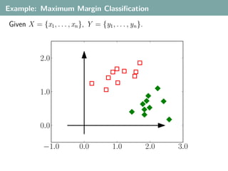 Example: Maximum Margin Classiﬁcation

Given X = {x1 , . . . , xn }, Y = {y1 , . . . , yn }.



            2.0



            1.0



            0.0

             −1.0          0.0          1.0             2.0   3.0
 