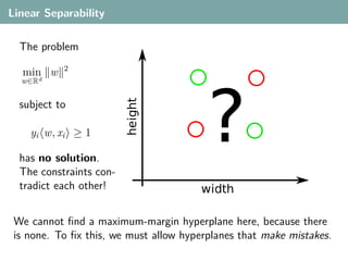 Linear Separability

  The problem
           2
  min w




                                         ?
  w∈Rd




                         height
  subject to

    yi w, xi ≥ 1

  has no solution.
  The constraints con-
  tradict each other!                  width

 We cannot ﬁnd a maximum-margin hyperplane here, because there
 is none. To ﬁx this, we must allow hyperplanes that make mistakes.
 