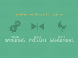 Therefore we choose to focus on :

WHAT IS

WORKING

WHAT IS

WHAT IS

PRESENT GENERATIVE

 