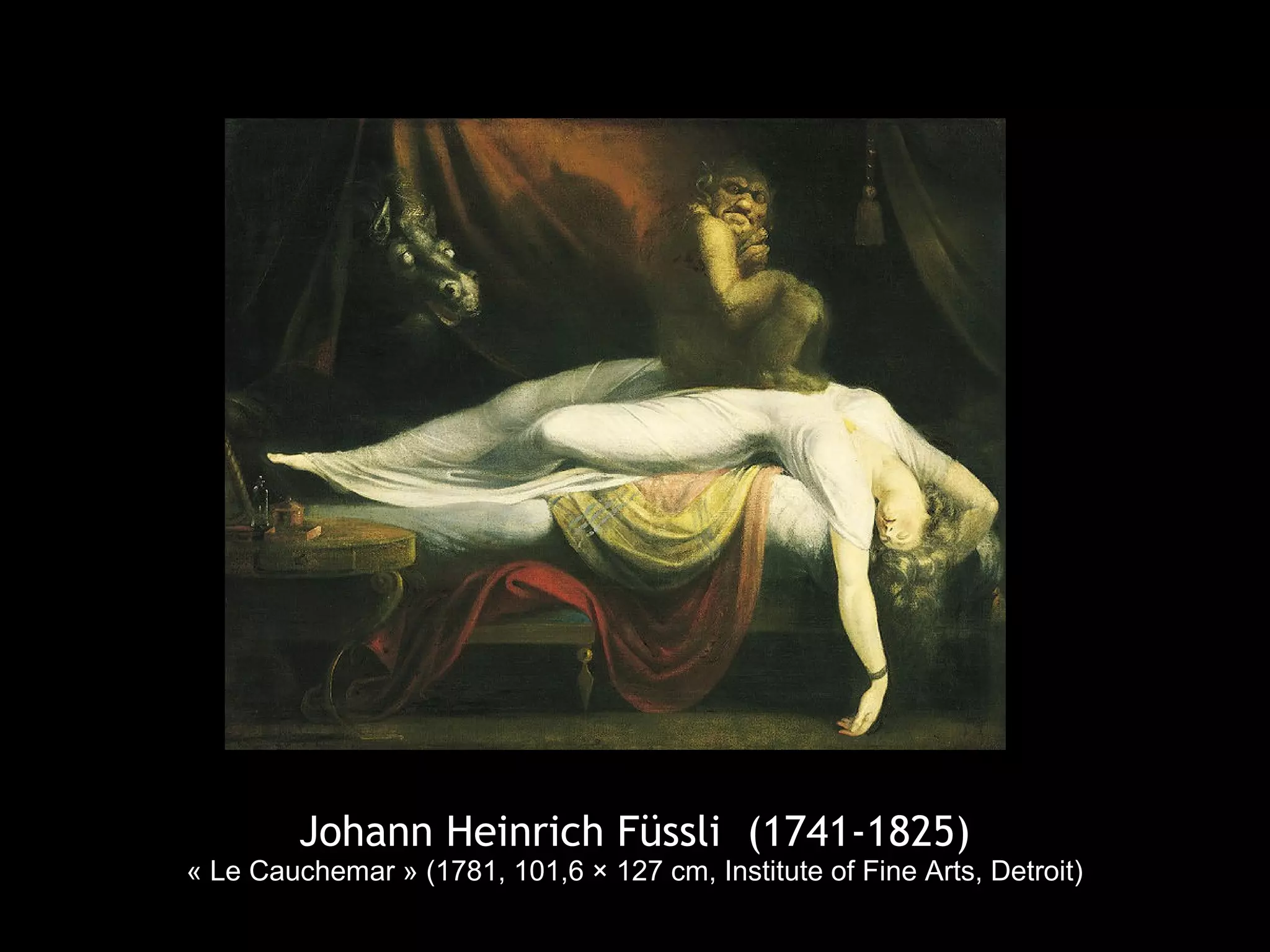 Johann Heinrich Füssli (1741-1825)
« Le Cauchemar » (1781, 101,6 × 127 cm, Institute of Fine Arts, Detroit)
 