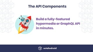 Build a fully-featured
hypermedia or GraphQL API
in minutes.
The API Components
 