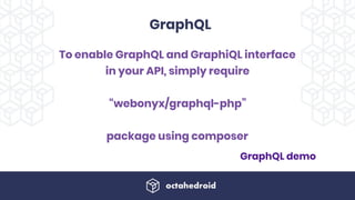 To enable GraphQL and GraphiQL interface
in your API, simply require
“webonyx/graphql-php”
package using composer
GraphQL
GraphQL demo
 
