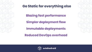 Go Static for everything else
Blazing fast performance
Simpler deployment flow
Immutable deployments
Reduced DevOps overhead
 