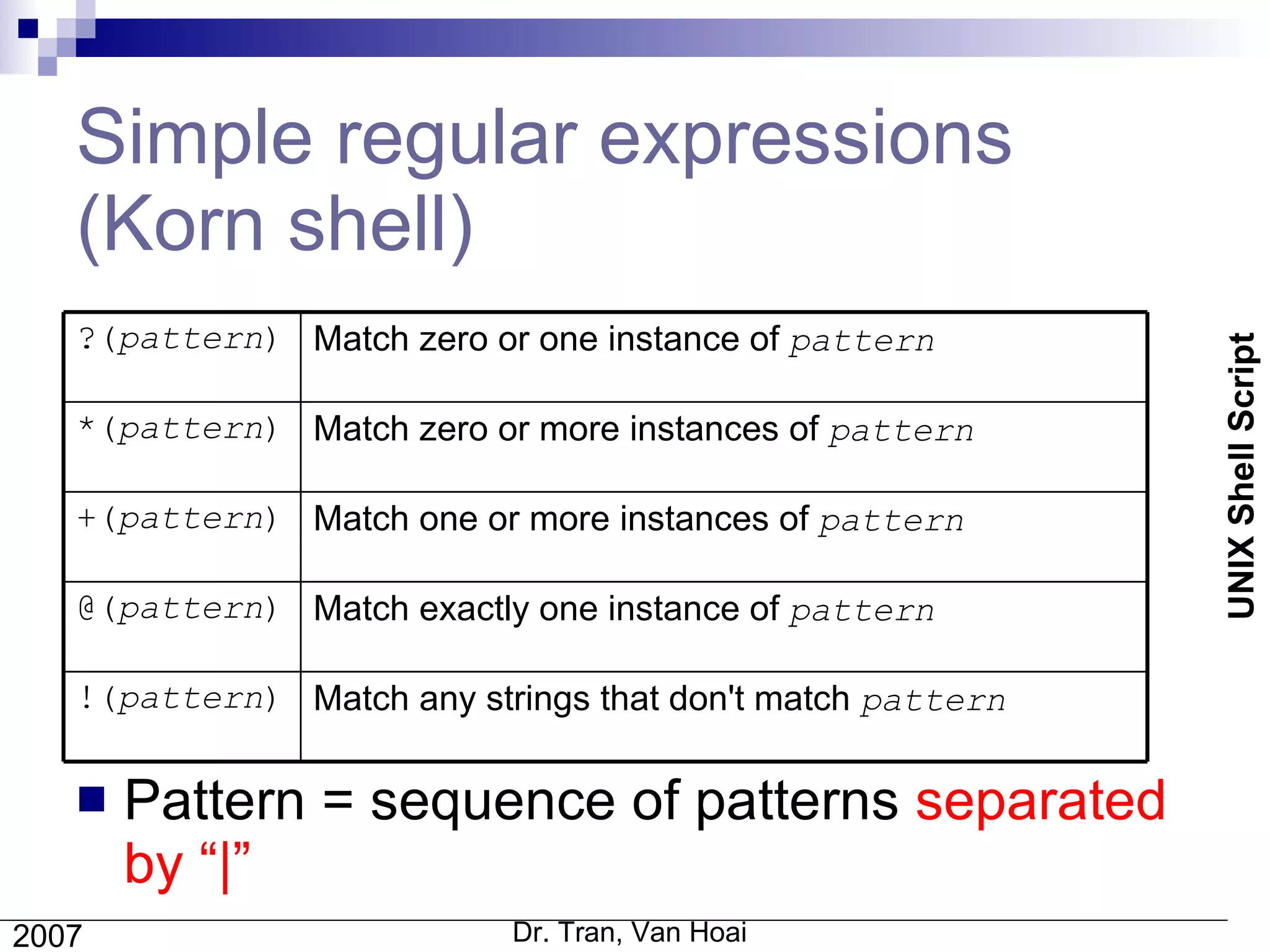 Simple regular expressions (Korn shell) Pattern = sequence of patterns  separated by “|” Match any strings that don't match  pattern   !( pattern ) Match exactly one instance of  pattern   @( pattern ) Match one or more instances of  pattern   +( pattern ) Match zero or more instances of  pattern   *( pattern ) Match zero or one instance of  pattern   ?( pattern ) 