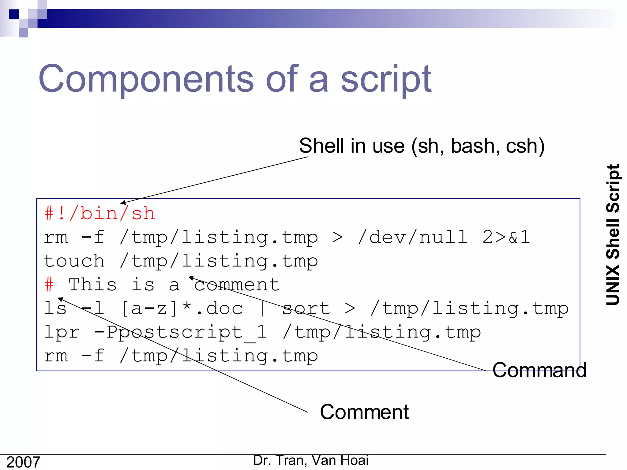 Components of a script #!/bin/sh rm -f /tmp/listing.tmp > /dev/null 2>&1 touch /tmp/listing.tmp #  This is a comment ls -l [a-z]*.doc | sort > /tmp/listing.tmp lpr -Ppostscript_1 /tmp/listing.tmp rm -f /tmp/listing.tmp Shell in use (sh, bash, csh) Comment Command 