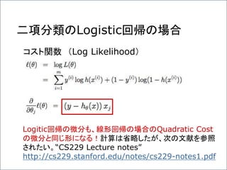 二項分類のLogistic回帰の場合
コスト関数 （Log Likelihood）
Logitic回帰の微分も、線形回帰の場合のQuadratic Cost
の微分と同じ形になる！計算は省略したが、次の文献を参照
されたい。“CS229 Lecture notes”
http://cs229.stanford.edu/notes/cs229-notes1.pdf
 
