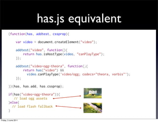 has.js equivalent
        (function(has, addtest, cssprop){

            var video = document.createElement("video");

            addtest("video", function(){
                return has.isHostType(video, "canPlayType");
            });

            addtest("video-ogg-theora", function(){
                return has("video") &&
                  video.canPlayType('video/ogg; codecs="theora, vorbis"');
            });

        })(has, has.add, has.cssprop);

        if(has("video-ogg-theora")){
           // load ogg assets
        }else{
          // load flash fallback
        }

Friday, 3 June 2011
 
