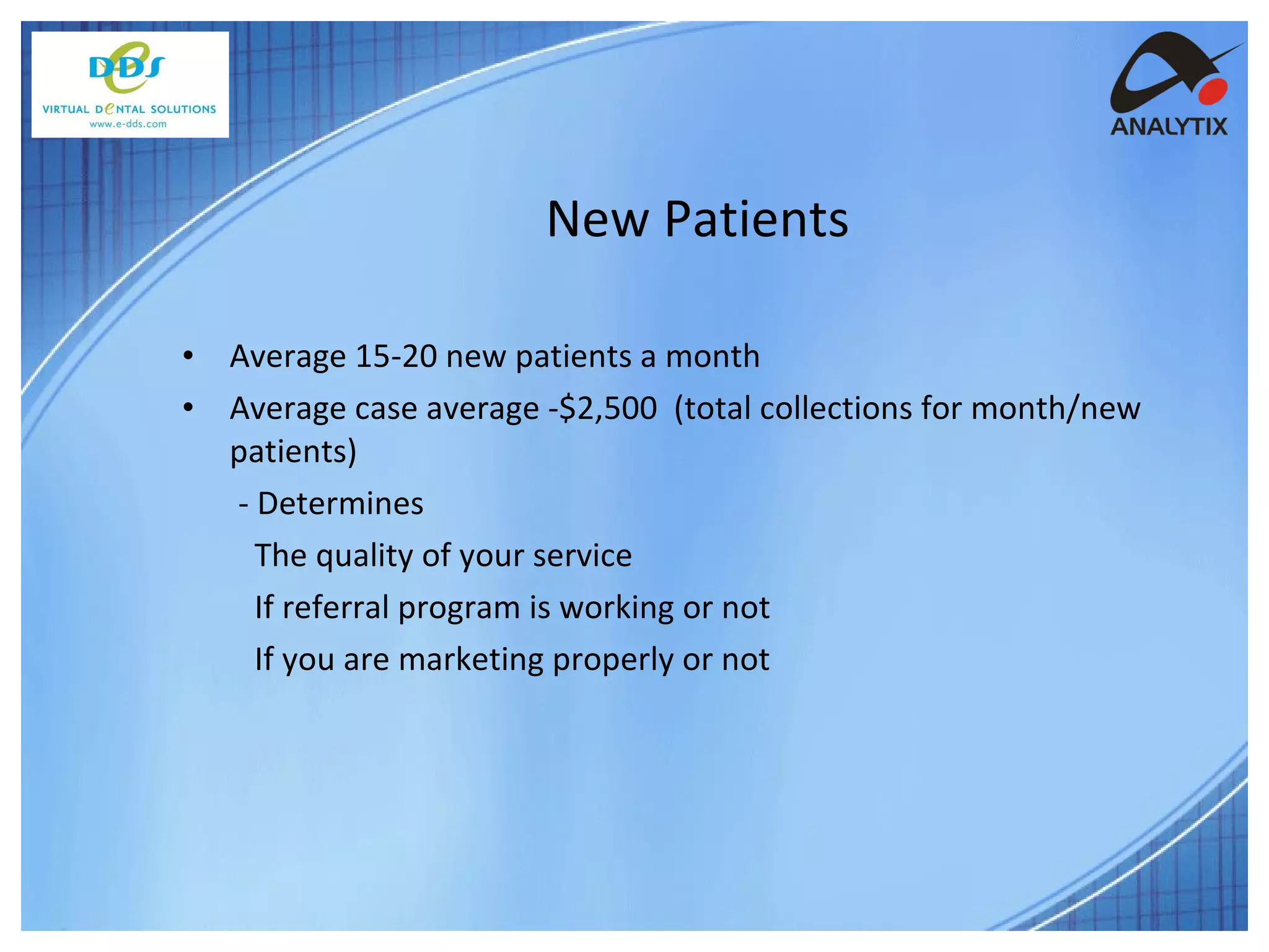 Average 15-20 new patients a month Average case average -$2,500  (total collections for month/new patients) - Determines The quality of your service If referral program is working or not If you are marketing properly or not New Patients 