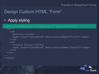 • Apply styling
<table cellpadding="5" cellspacing="5" bgcolor="#CCCCCC" >
<tr >
<td>
<b>Title:</b><br>
<span class="customForm" data-internalName="Title"></span>
</td>
<td>
<b>Issue Status:</b><br>
<span class="customForm" data-internalName="Status"></span>
</td>
</tr>
...
</table>
Design Custom HTML “Form”
Transform SharePoint Forms
 
