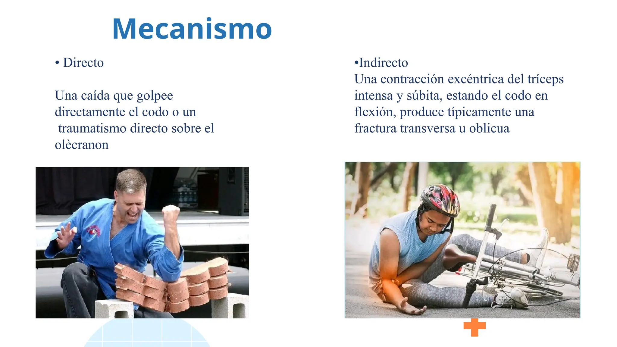 Mecanismo
• Directo
Una caída que golpee
directamente el codo o un
traumatismo directo sobre el
olècranon
•Indirecto
Una contracción excéntrica del tríceps
intensa y súbita, estando el codo en
flexión, produce típicamente una
fractura transversa u oblicua
 