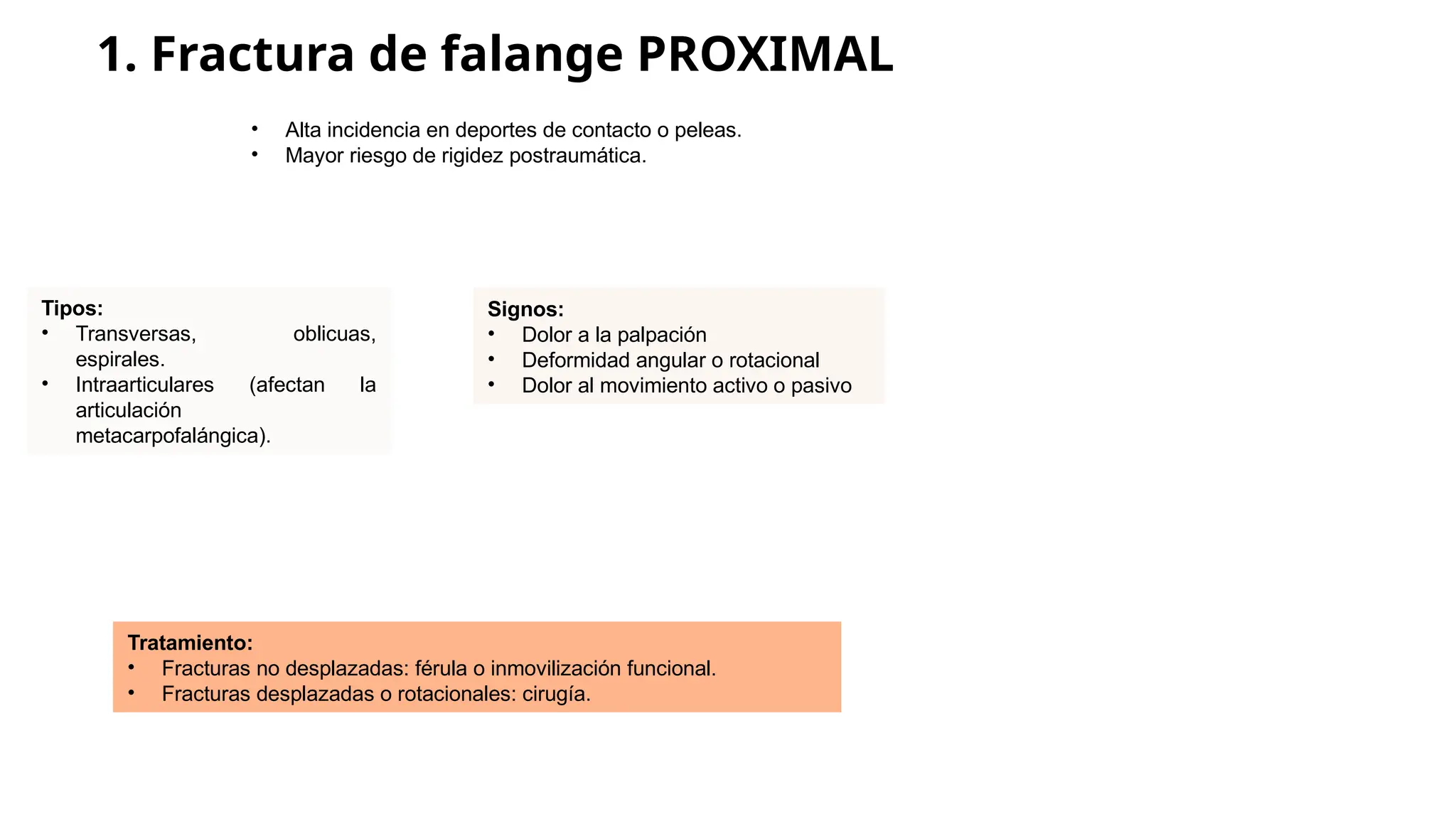 Tratamiento:
• Fracturas no desplazadas: férula o inmovilización funcional.
• Fracturas desplazadas o rotacionales: cirugía.
1. Fractura de falange PROXIMAL
• Alta incidencia en deportes de contacto o peleas.
• Mayor riesgo de rigidez postraumática.
Tipos:
• Transversas, oblicuas,
espirales.
• Intraarticulares (afectan la
articulación
metacarpofalángica).
Signos:
• Dolor a la palpación
• Deformidad angular o rotacional
• Dolor al movimiento activo o pasivo
 