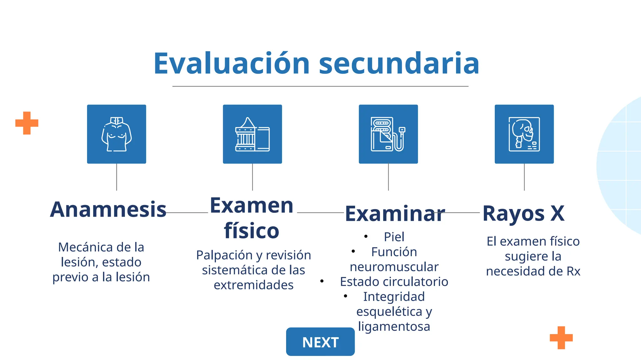 Evaluación secundaria
Examinar
• Piel
• Función
neuromuscular
• Estado circulatorio
• Integridad
esquelética y
ligamentosa
Examen
físico
Palpación y revisión
sistemática de las
extremidades
Anamnesis
Mecánica de la
lesión, estado
previo a la lesión
Rayos X
El examen físico
sugiere la
necesidad de Rx
NEXT
 