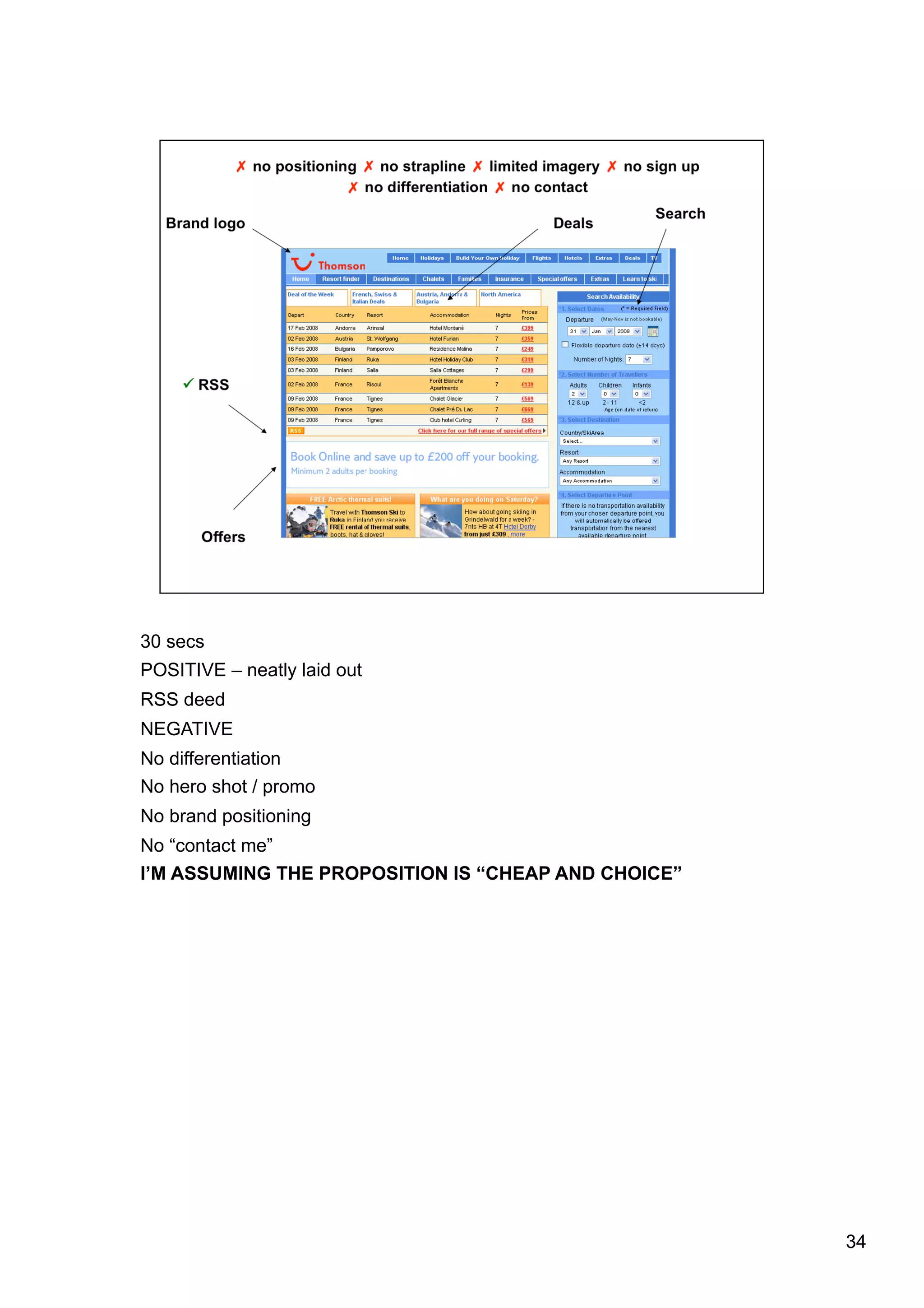 30 secs
POSITIVE – neatly laid out
RSS deed
NEGATIVE
No differentiation
No hero shot / promo
No brand positioning
No “contact me”
I’M ASSUMING THE PROPOSITION IS “CHEAP AND CHOICE”




                                                     34
 