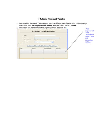 :: Tutorial Membuat Tabel ::

1. Pertama kita membuat Table dengan Mendrag JTable pada Palette. Kita beri nama dgn
   klik kanan pilih “change variable name”,kita beri nama misal : “table”
2. Pilih Table klik kanan Properties,seperti gambar dibawah ini :
                                                                                 -Pilih
                                                                                 Inspector lalu
                                                                                 -pilih
                                                                                 JScrollpane1
                                                                                 - pilih JTable.
                                                                                 Utk
                                                                                 Pengeditan
                                                                                 Tablenya
 