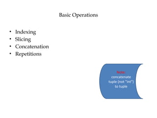 Basic Operations
• Indexing
• Slicing
• Concatenation
• Repetitions
Note:
concatenate
tuple (not "int")
to tuple
 