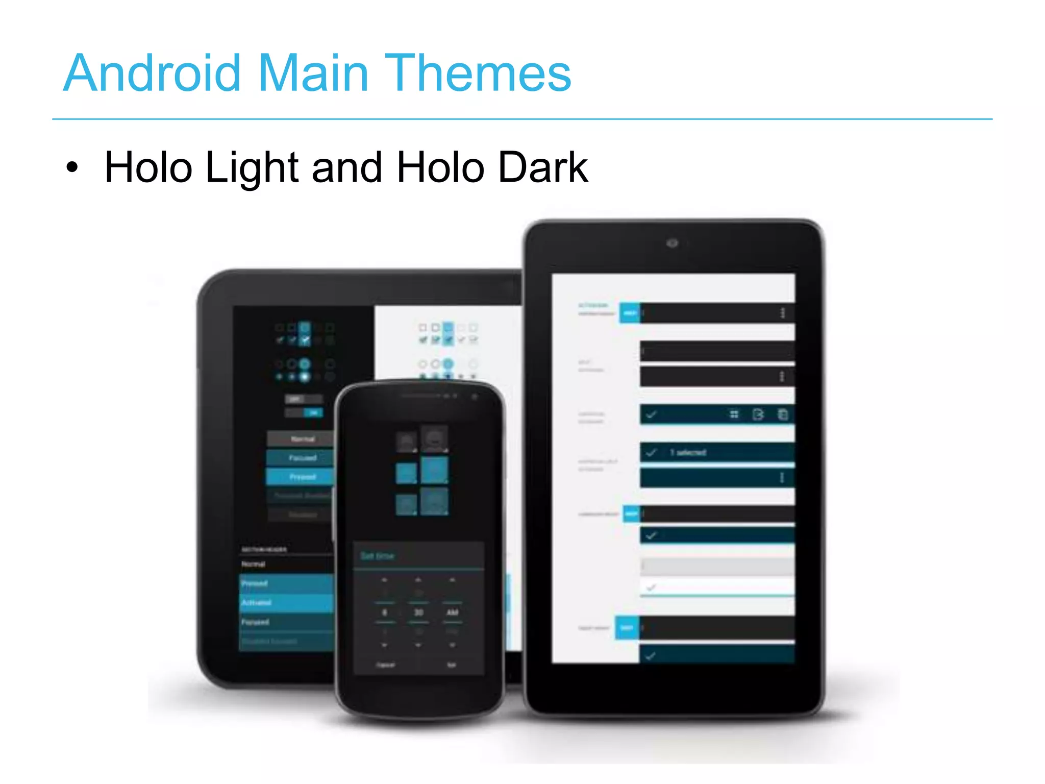 Android Main Themes
• Holo Light and Holo Dark
 