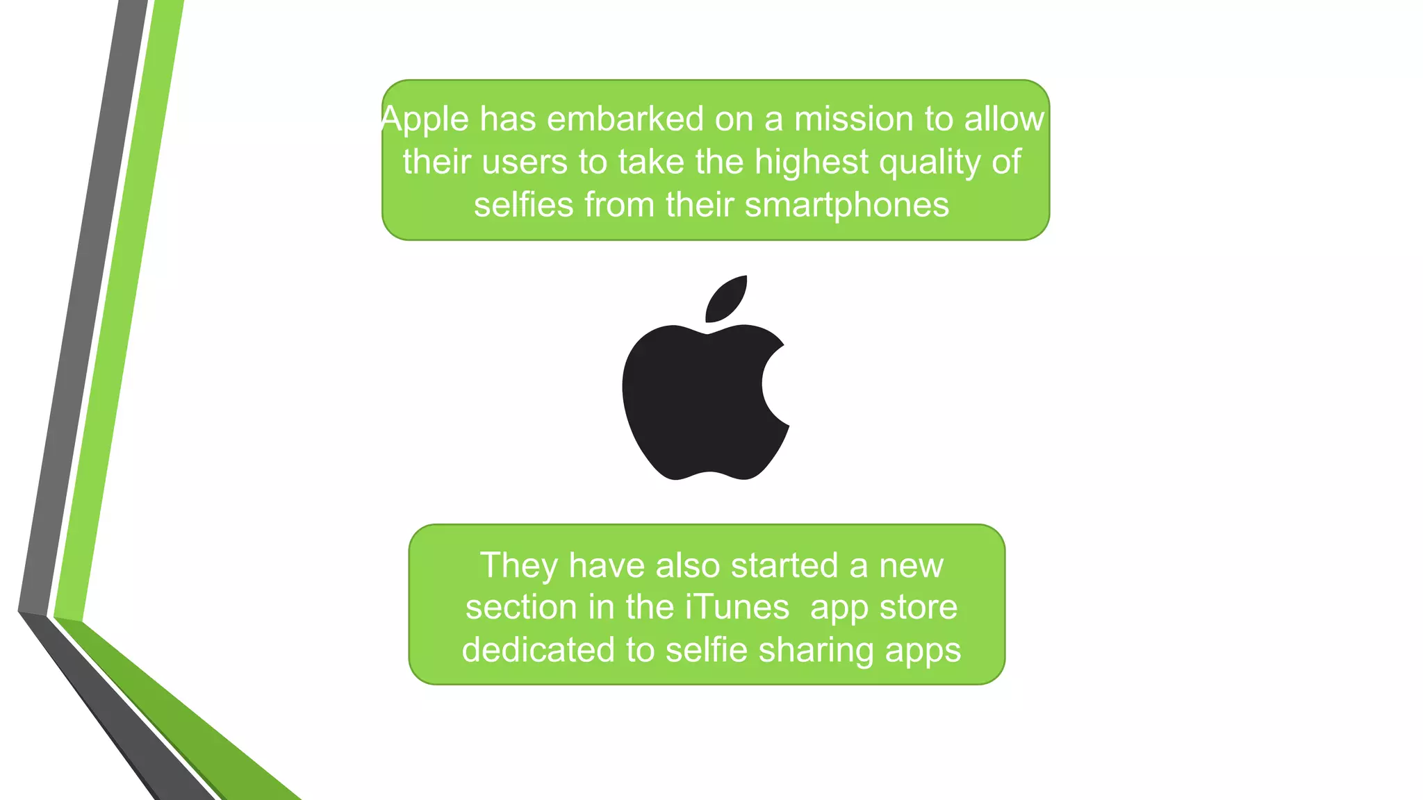 Apple has embarked on a mission to allow
their users to take the highest quality of
selfies from their smartphones
They have also started a new
section in the iTunes app store
dedicated to selfie sharing apps
 