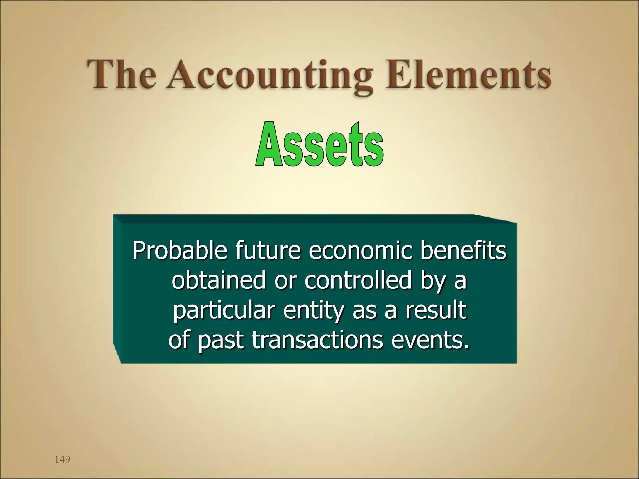 149
Probable future economic benefits
obtained or controlled by a
particular entity as a result
of past transactions events.
 