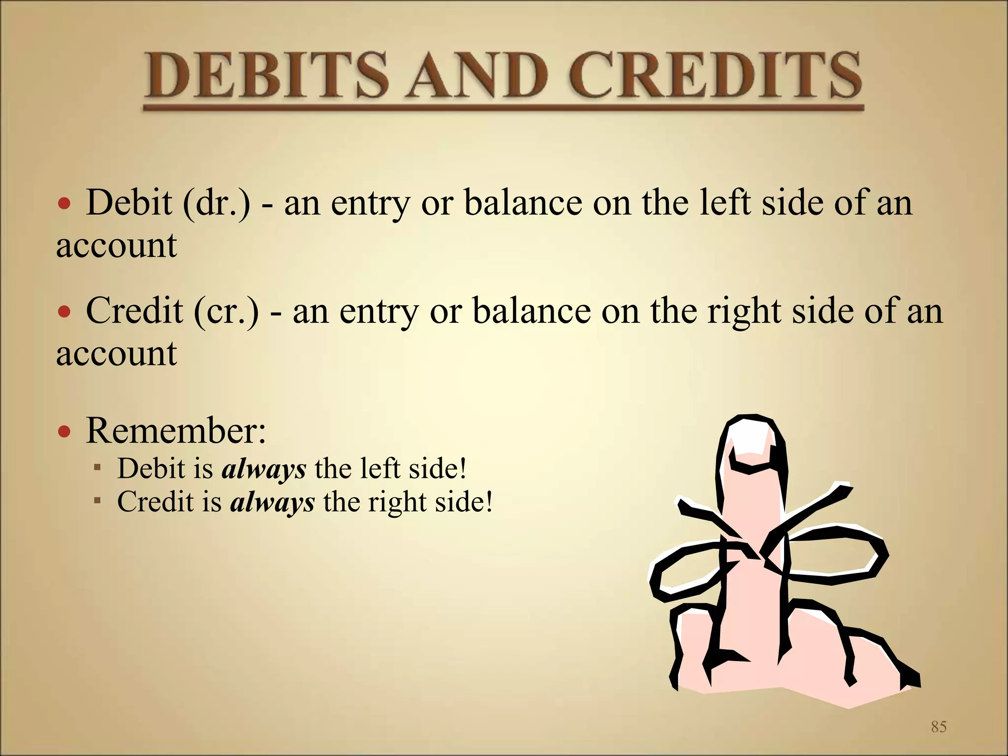  Debit (dr.) - an entry or balance on the left side of an
account
 Credit (cr.) - an entry or balance on the right side of an
account
 Remember:
 Debit is always the left side!
 Credit is always the right side!
85
 