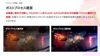 ポストプロセス概要
ライティング戦略 - 効果
全画面に表示する前に、フルスクリーンのフィルターとエフェクトをカメラの画像バッファに適用する
処理。各種エフェクトに用意されたプロパティを設定するだけで視覚的効果を顕著に向上させるこ
とができる
ポストプロセス適用後ポストプロセス適用前
 