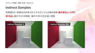 Indirect Samples
初期値500。間接光の計算で計上するサンプルの数を制御。低すぎるとノイズが
多くなる。屋外では100程度、屋内では512を目途に調整
ライティング戦略 - 種類・処理 - Baked GI
Indirect Samples 5 Indirect Samples 500
 
